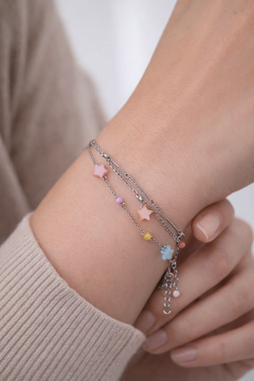 Aylin Bijuteri Renkli Yıldız Detaylı Çift Zincirli Çelik Bileklik