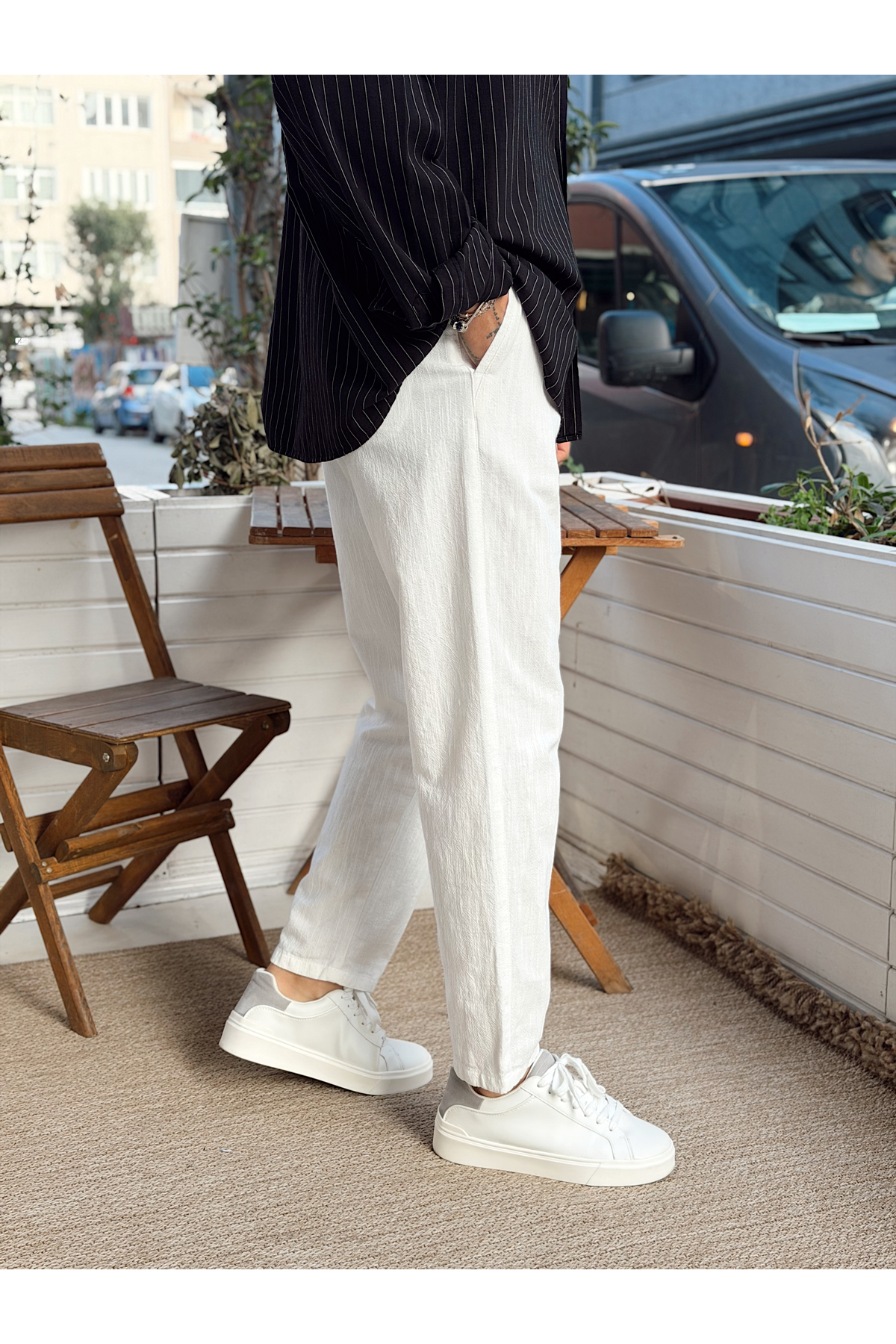 manch collection  İtalyan Kesim Keten Pantolon Beyaz - Görsel 4