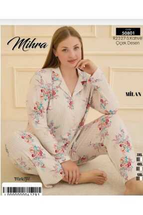 Mihra Yumuşak önden düğmeli çiçekli Büyük Beden Pijama Takımı