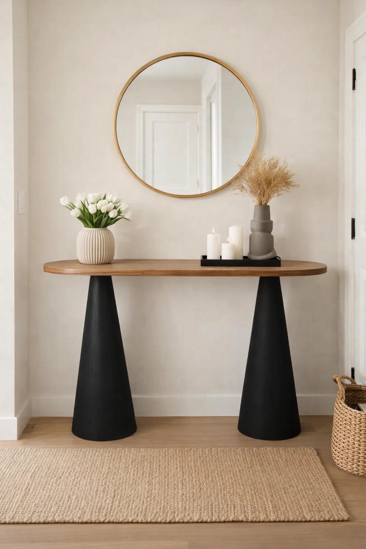 طاولة كونسول بيضاوية عصرية من الخشب الأسود والبني،...