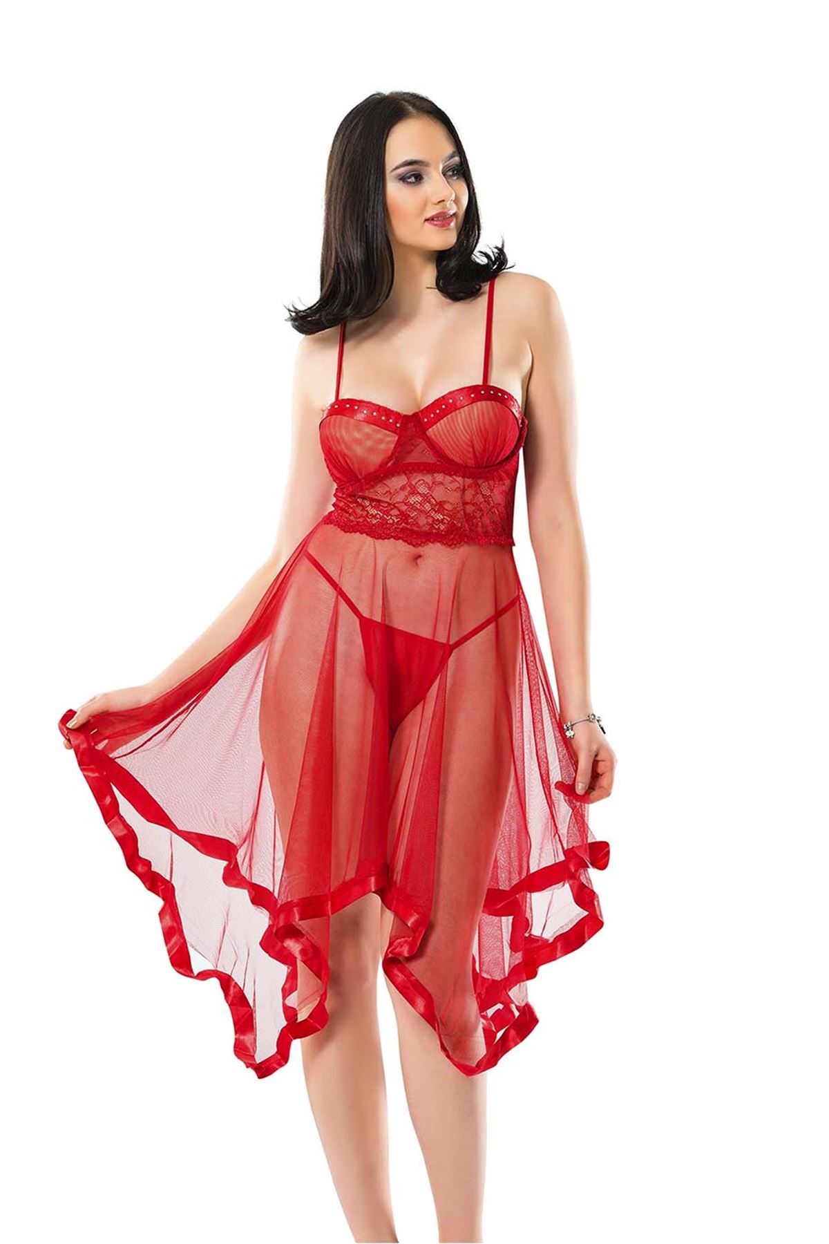 star iç giyim Kırmızı Petli Tül Şifon Gecelik - 229