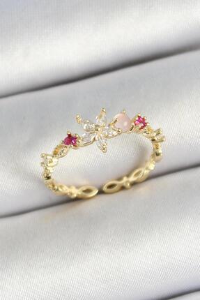 Oflia Papatya Figürlü Zirkon Taşlı Gold Renk Ayarlanabilir Kadın Yüzük