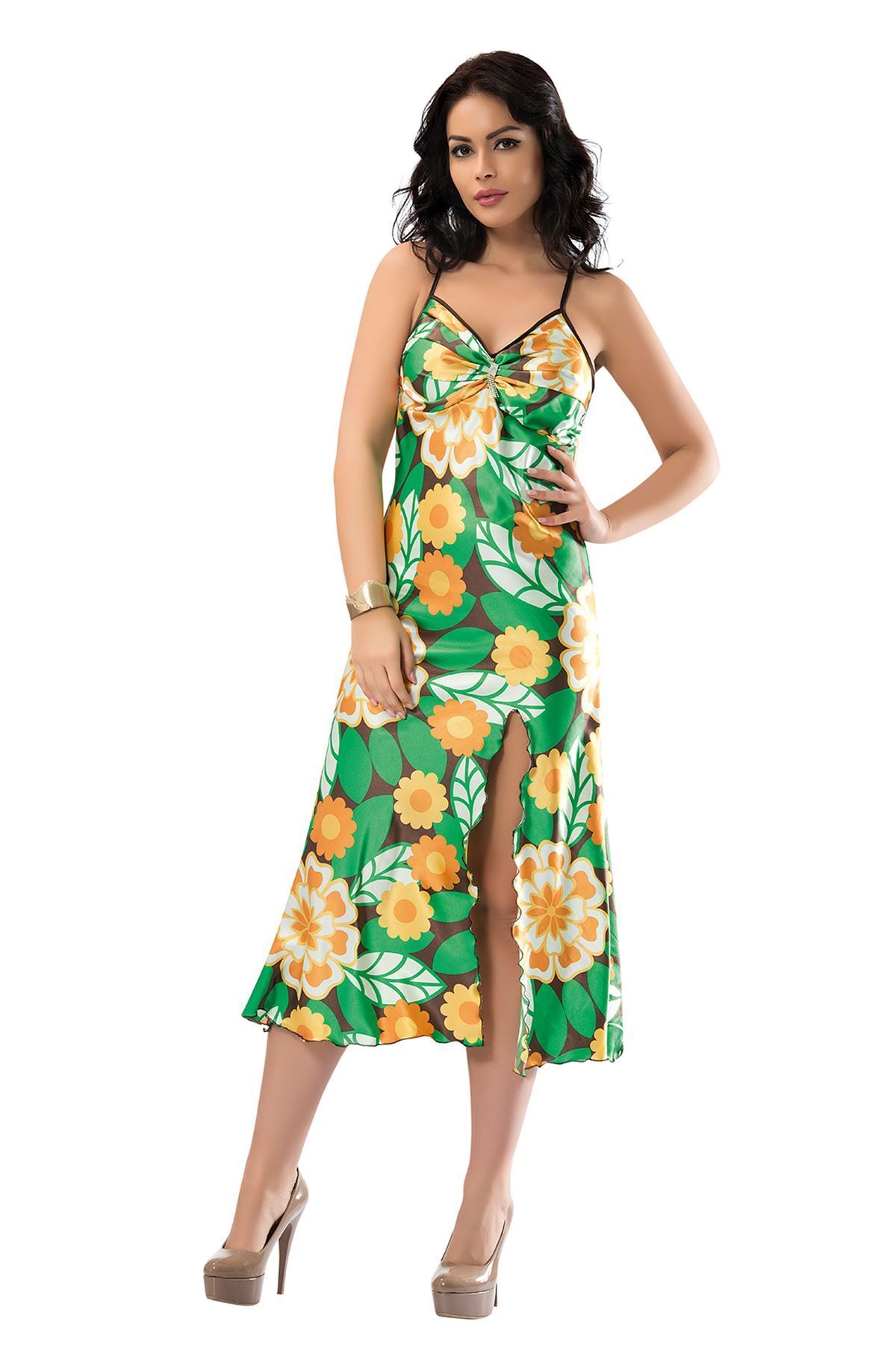 star iç giyim Yeşil Yırtmaçlı Saten Gecelil - 082