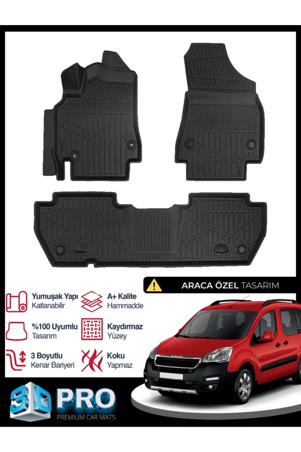 RICH OTO PASPAS Peugeot Partner Tepee 3D Havuzlu Paspas 2008 2018 ARASI KOKUSUZ