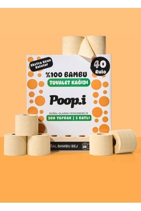 Poop.i %100 Bambu "Extra Uzun Rulo" 40 Tuvalet Kağıdı NAKED Doğal Bej