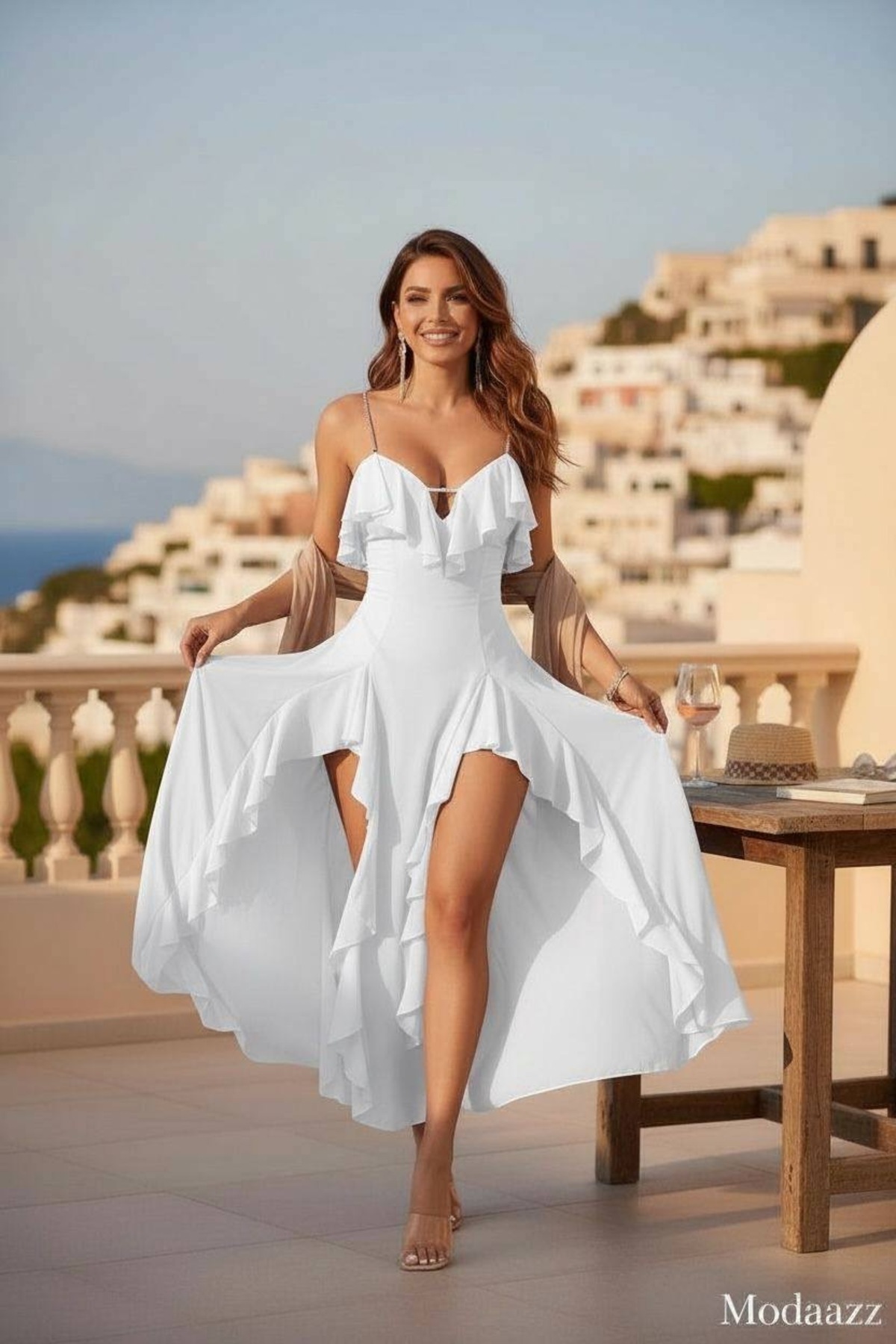 Peille Taş Askılı Şık Çekici , Cesur ve Zarif Volan Detaylı Transparan Uzun Gecelik