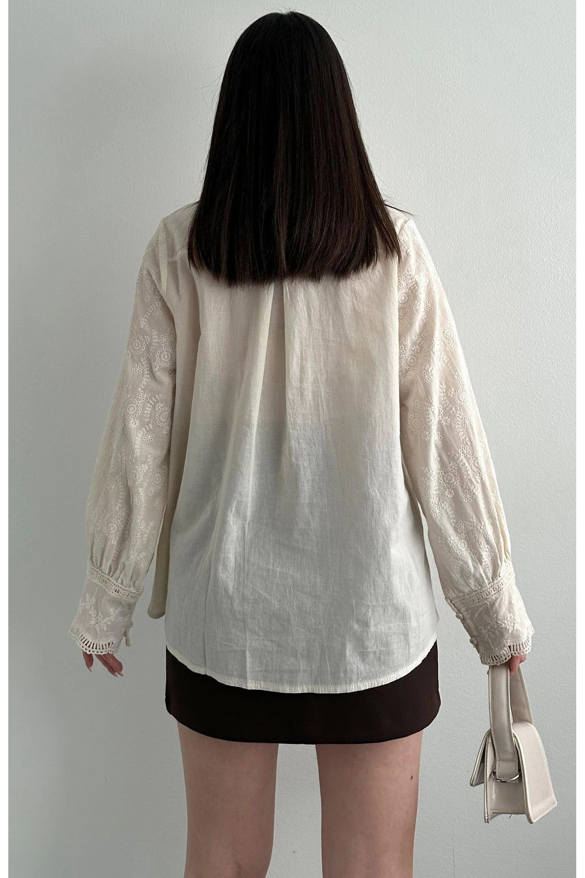 MetuCA  Kadın Bej Fisto İşlemeli Dantel Garnili Hakim Yaka Pamuklu Pinterest Gömlek Bluz - Görsel 6