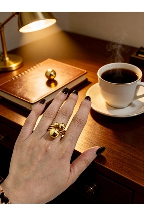 ayoljewelry Gold Üçlü Küre Tasarımlı Modern Çelik Yüzük Ayarlanabilir