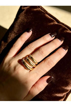 ayoljewelry Gold Üç Sıralı Kelepçe Çelik Yüzük
