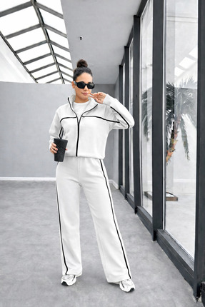 BARLİZ Kadın Yeni Tasarım Beyaz Çizgili Bomber Ceket Bol 3 İplik Alt Üst Takım