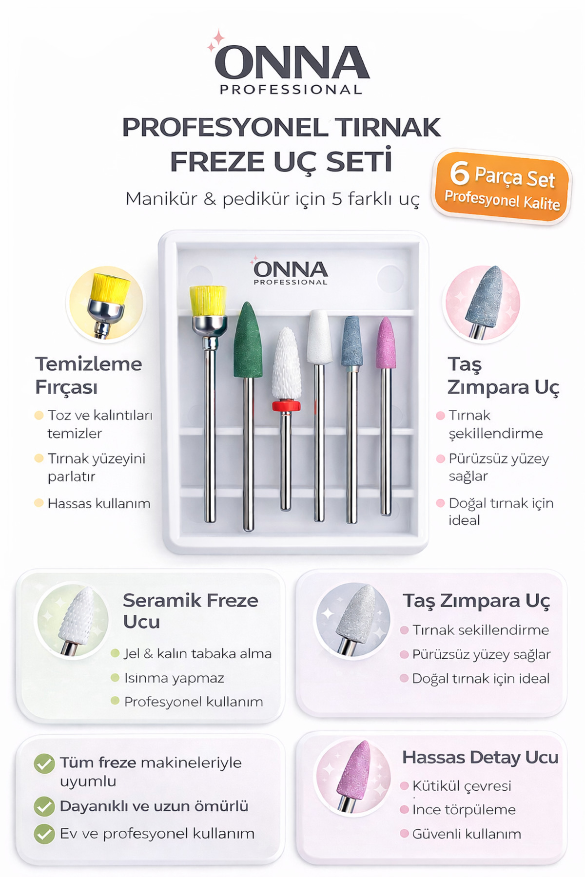 6-Piece Professional Nail Mill Bit Set – Manicure & Pedicure Compatible, Ceramic and Stone Tip