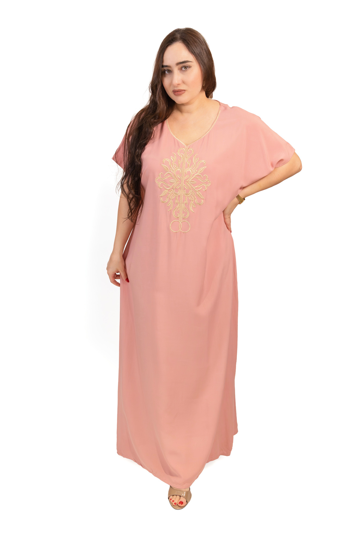 LINELLE Rust Pink Jalabiya with Embroidered V-Neck