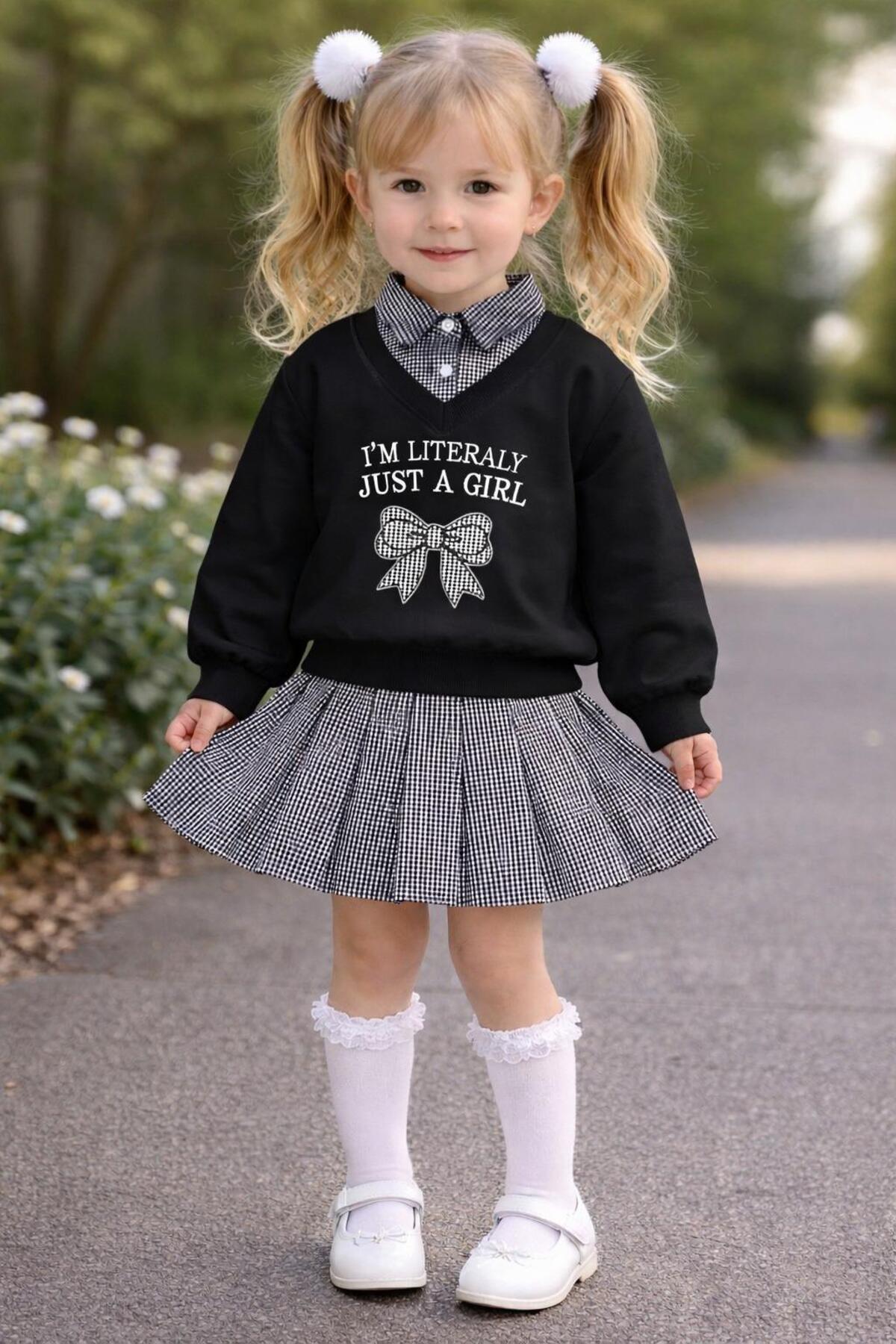 Shirt Collar Bow Tie Embroidered Pit Square Black Color Girls Skirt Set