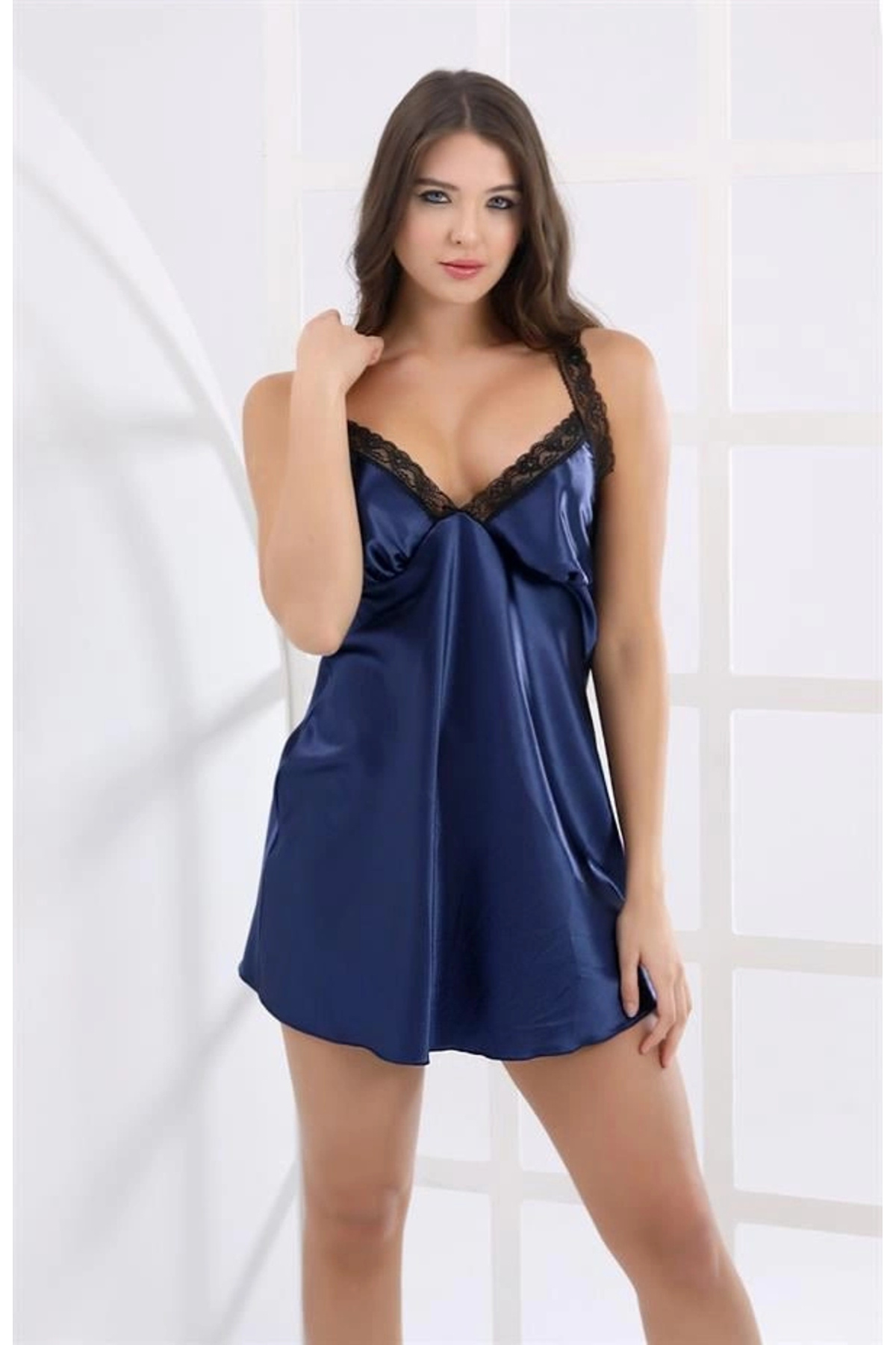 Letsii Fantezi Dantel Saten Gecelik Lacivert Renk