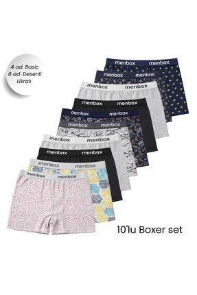 MENBOX 10'lu Desenli Likralı Erkek Boxer Set