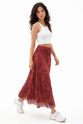 SHEBARA TÜL MİDİ ETEK ESNEK BEL BÜZGÜLÜ DESENLİ ASTARLI İÇ GÖSTERMEZ