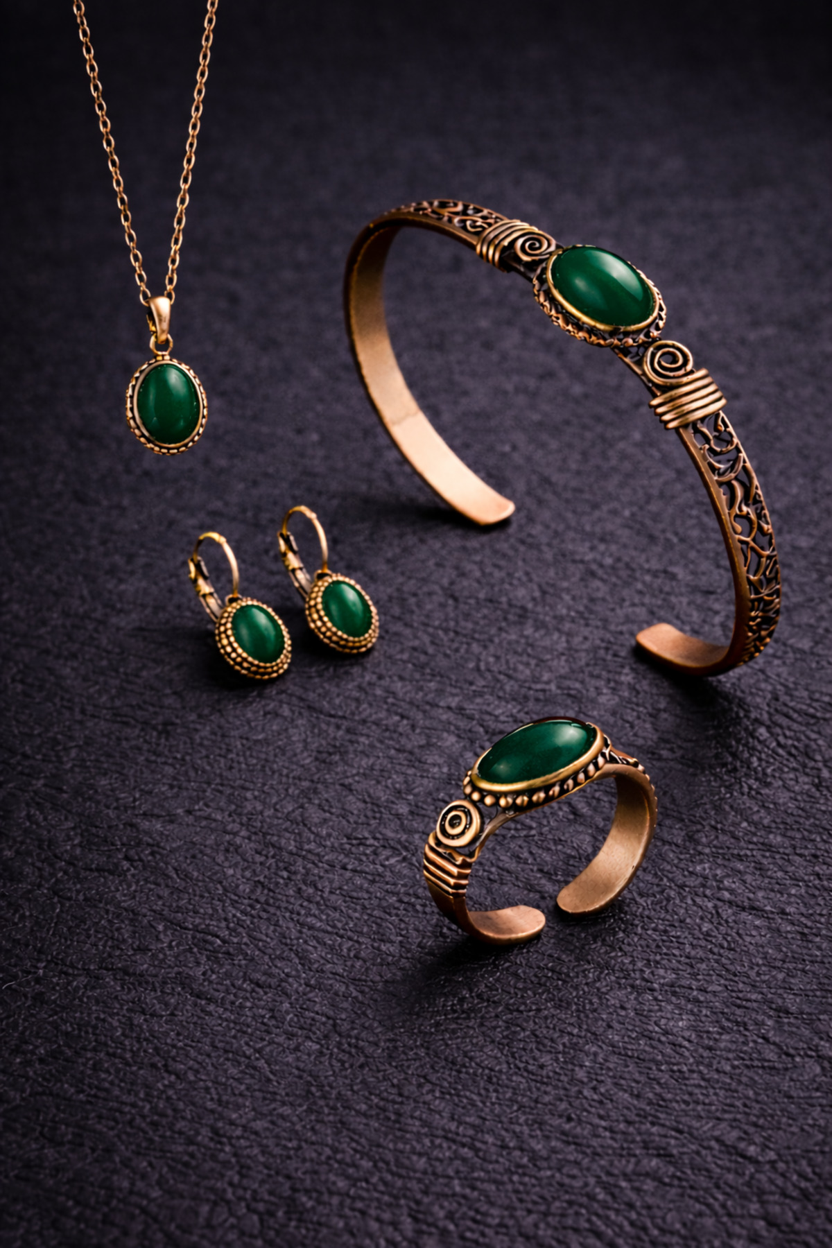 Women's Copper Bracelet Necklace Ring Earrings Set Natural Green Pure Copper Set with Agate Gemstone