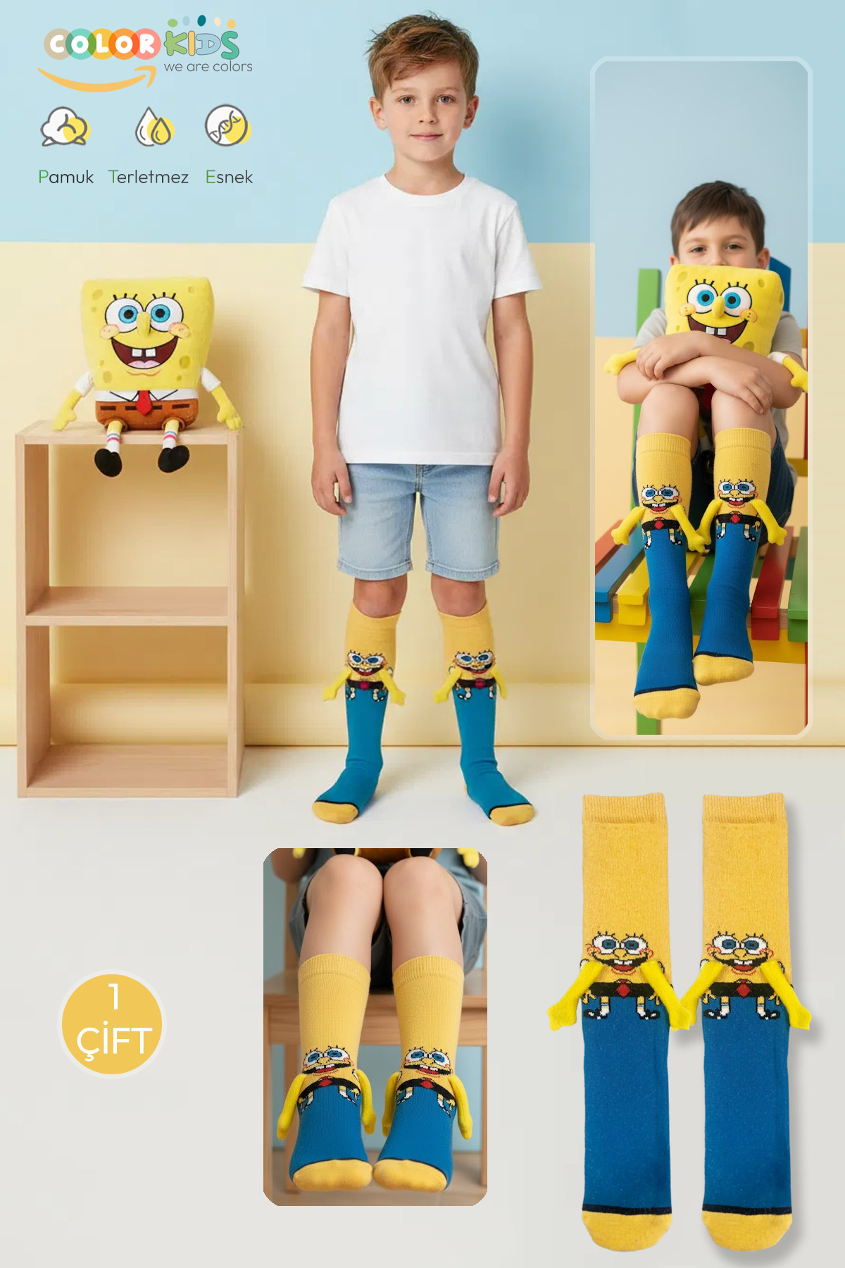 1 Pair SB Yellow Cute Heroes Patterned Kids Socks (Without Heel)