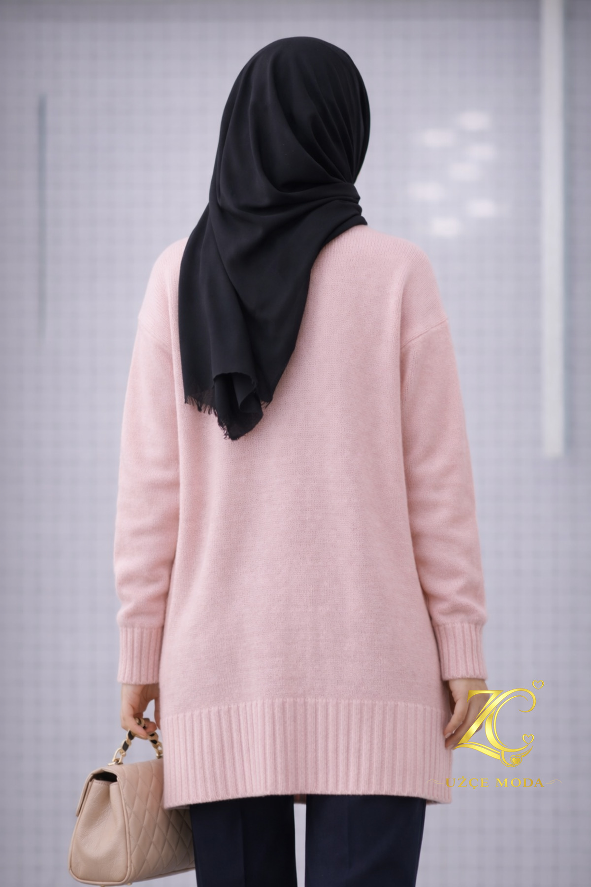 UZÇE MODA  Pembe Renk Bisiklet Yaka Oversize Triko Kazak Tunik - Görsel 3