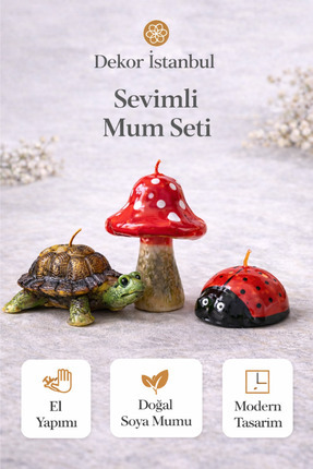 Dekor İstanbul Dekoratif Sevimli Mum Seti Kaplumbağa Uğur Böceği Mantar Figür...