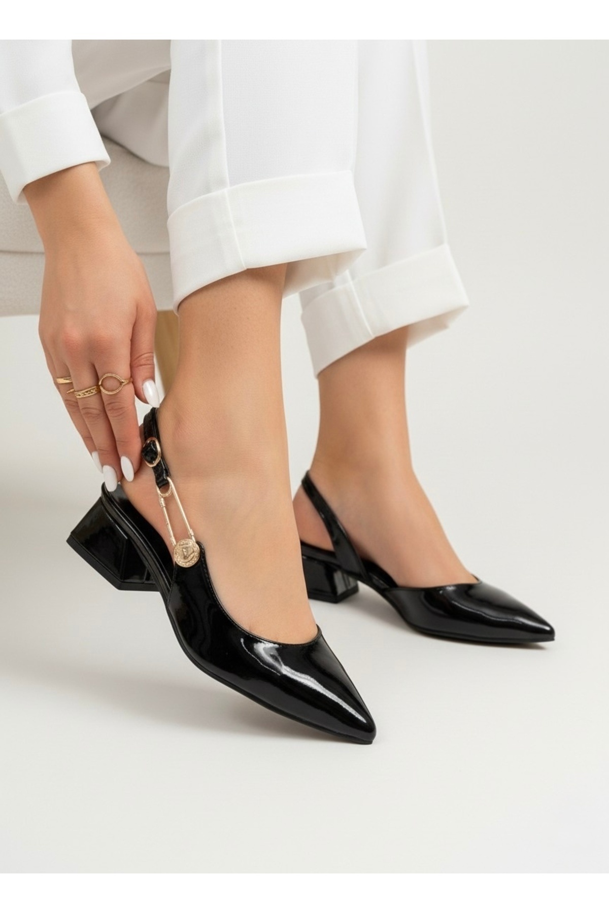 Women's Aden Black Spring Gold Buckle Low Sole Short Heel Casual Classic Shoes