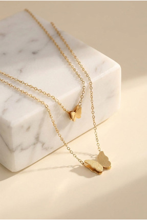 LYKOS Çelik Gold Renk 2'Li Simli Kelebek Model Kadın Kolye