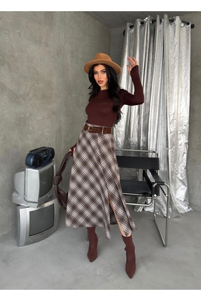 LB Laluna Butik Kadın Kemerli Cepli Yırtmaçlı Uzun Ekose Etek