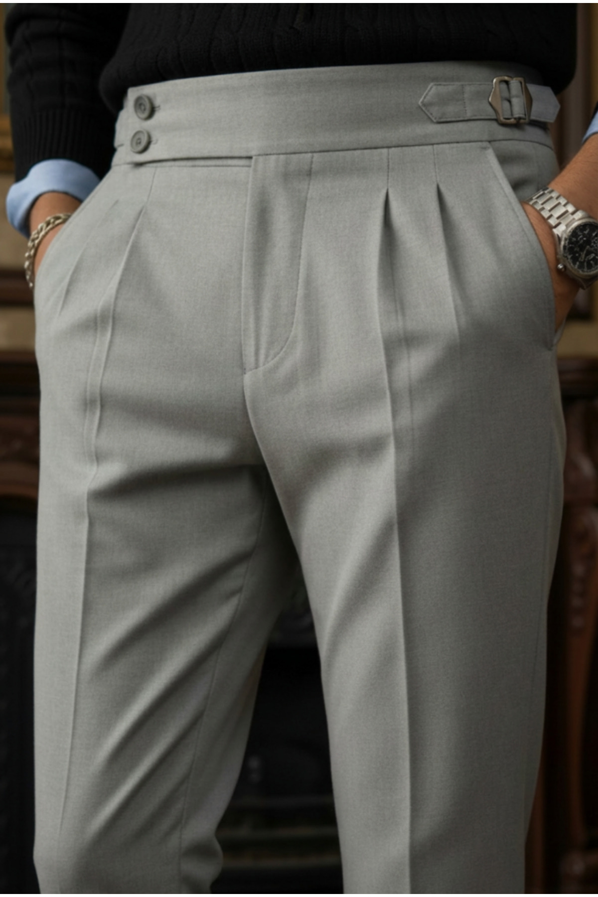 Men's Old Money Pleated Harvest Italian Cut Fabric Pants Light Grey