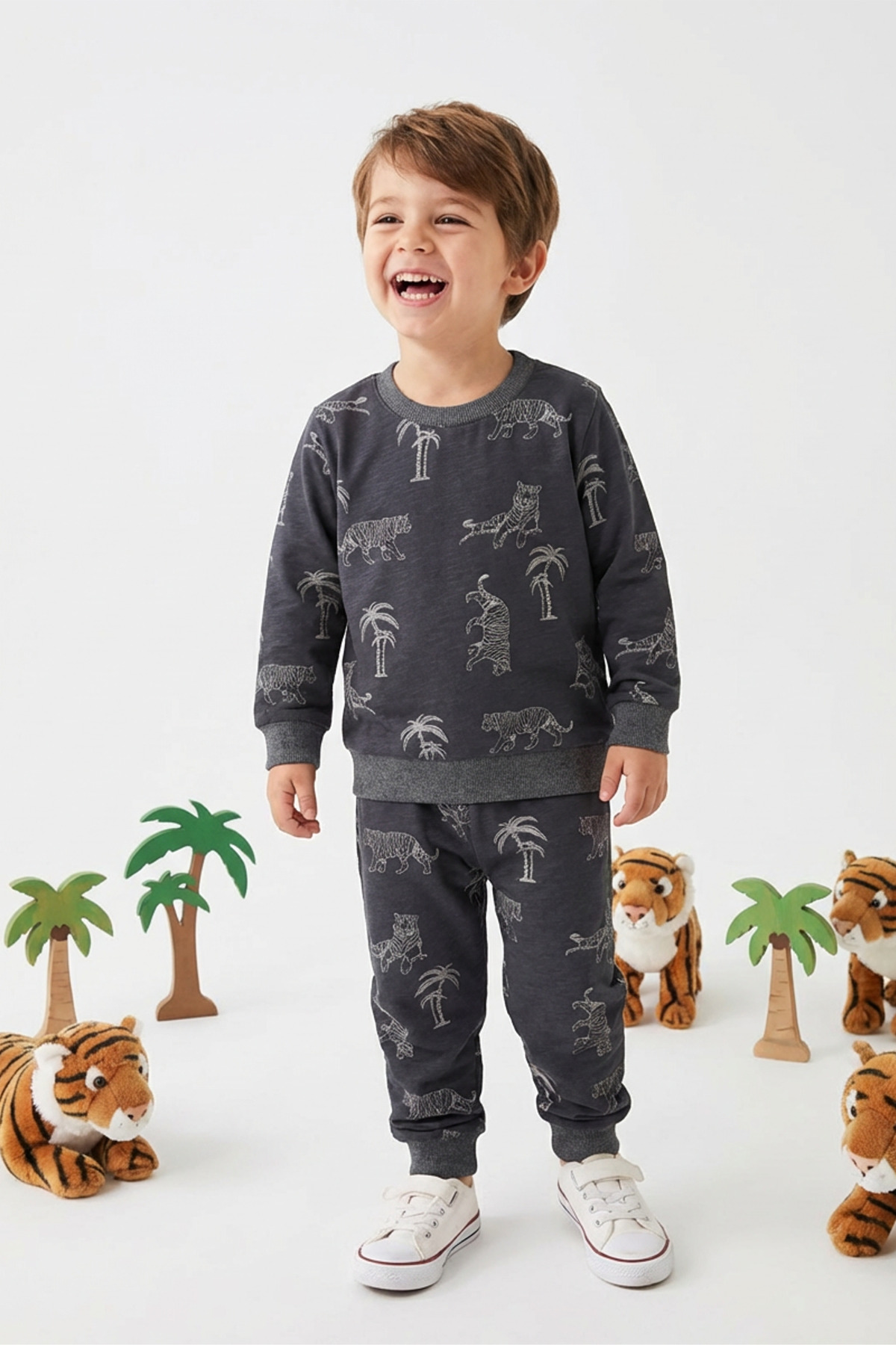 DAPSEE Erkek Çocuk Hayvan Figürlü Pijama Takımı Füme – Pamuklu, Uzun Kollu Alt Üst fotoğrafı 2 (önizleme)