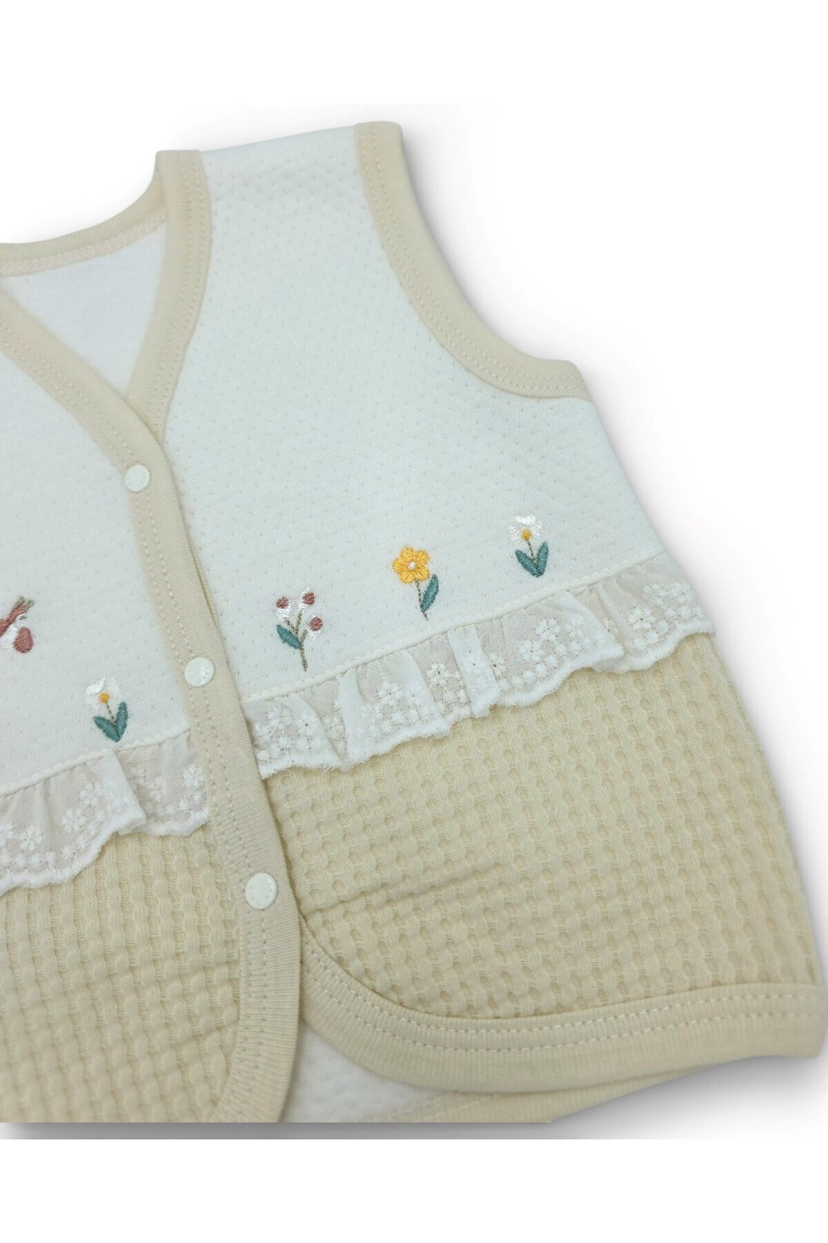 Ege Bebek Gaye Bebe Fırfırlı Çiçek Nakışlı Yeni Doğan Bebek Yeleği / 0-1-3-6-9 Ay fotoğrafı 3 (önizleme)