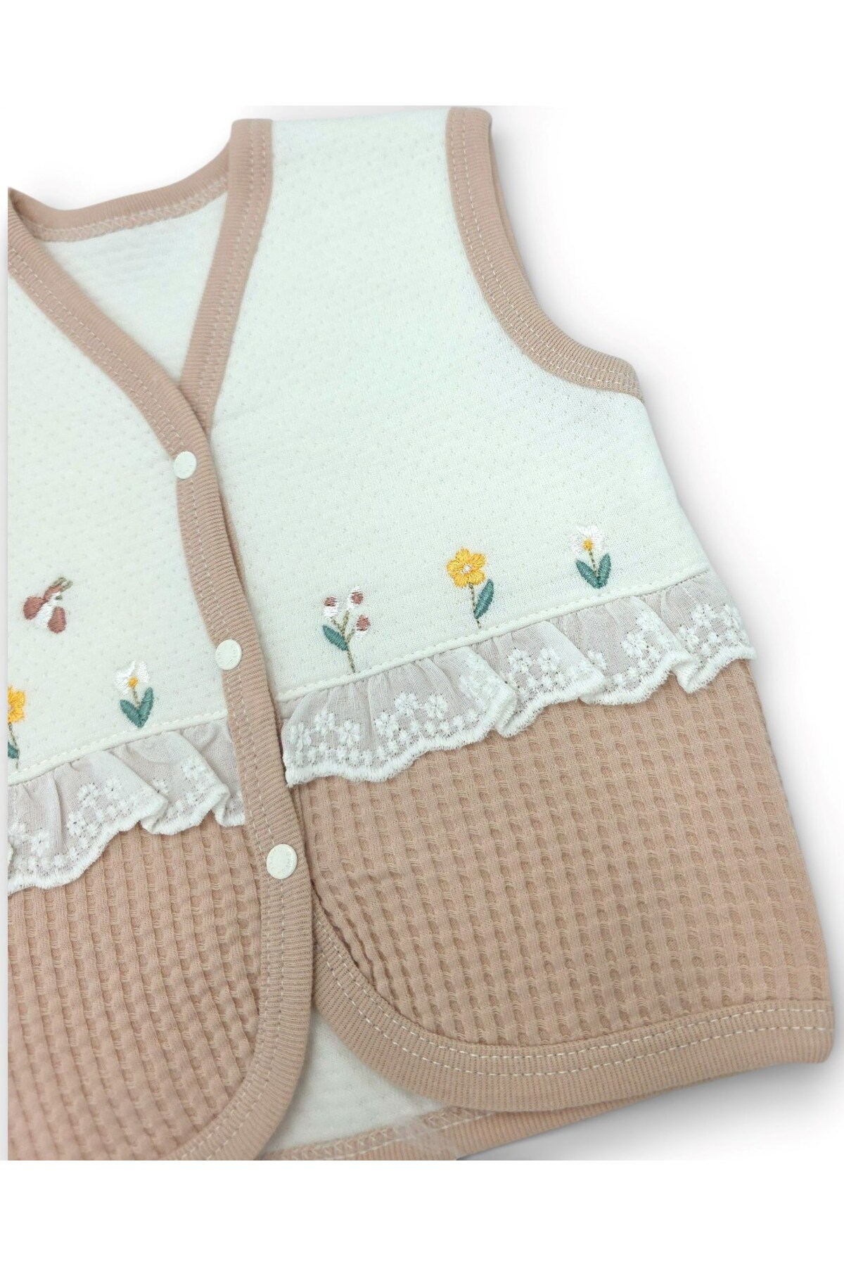 Ege Bebek Gaye Bebe Fırfırlı Çiçek Nakışlı Yeni Doğan Bebek Yeleği / 0-1-3-6-9 Ay fotoğrafı 6 (önizleme)