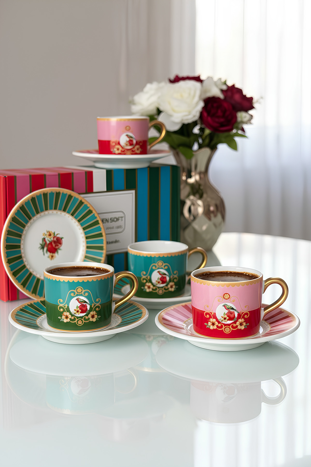 Yumuk Shop Naravian 4-Person Bird Double Coffee Cup Set 120 ml