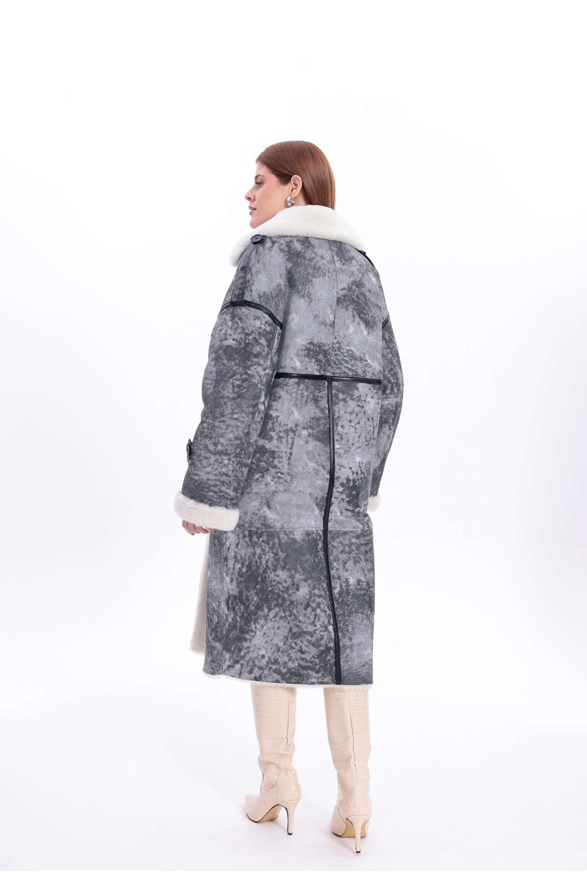 M M Marki Marki Kadın Hakiki Deri Uzun Palto Gri Eskitme Oversize Kruvaze Düğmeli içi Kürklü 115 cm - 119522 görsel 7