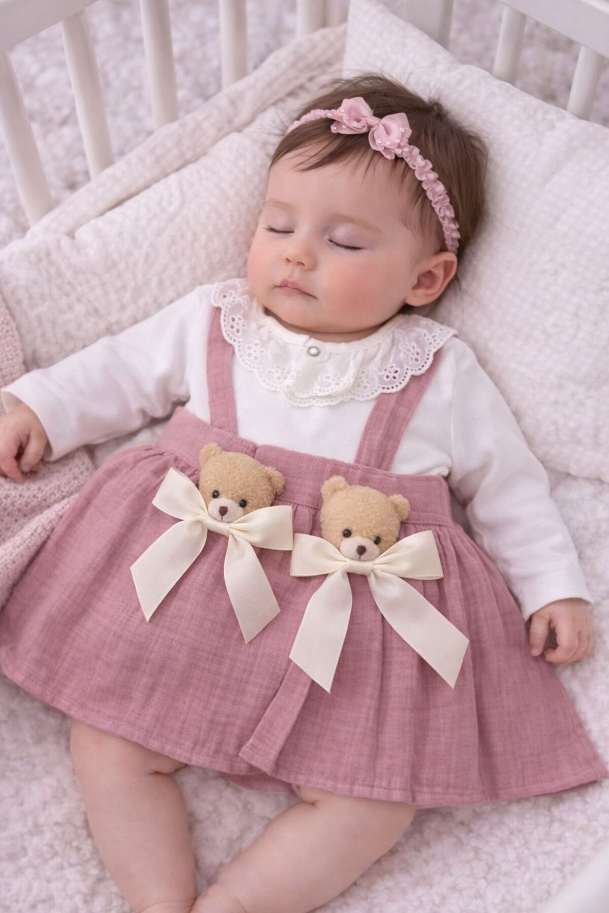 MinivaBaby Kız Bebek Ayıcıklı Askılı Müsli Elbise Takımı fotoğrafı 2 (önizleme)
