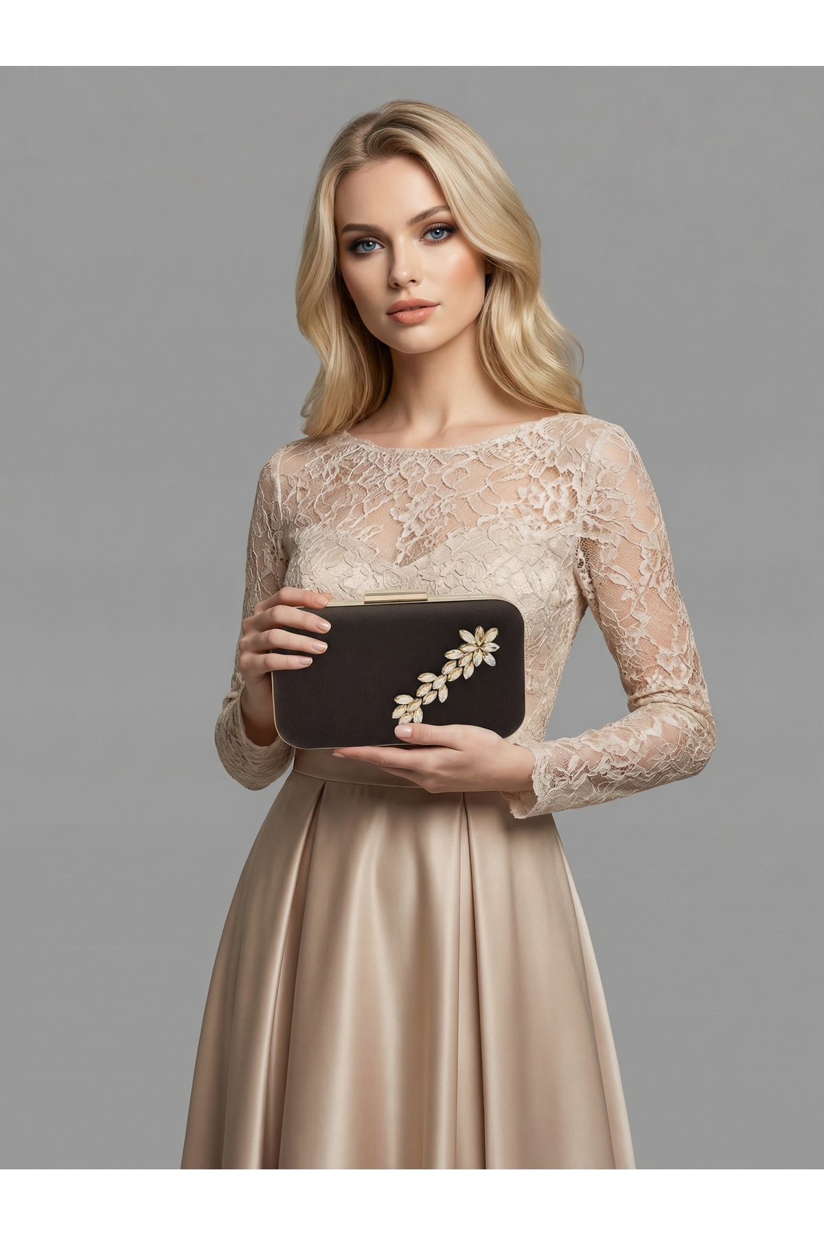 Brown Z.A.R.A. Satin Crystal Stone Embroidered Chain Women Evening Bag Wedding Engagement Graduation