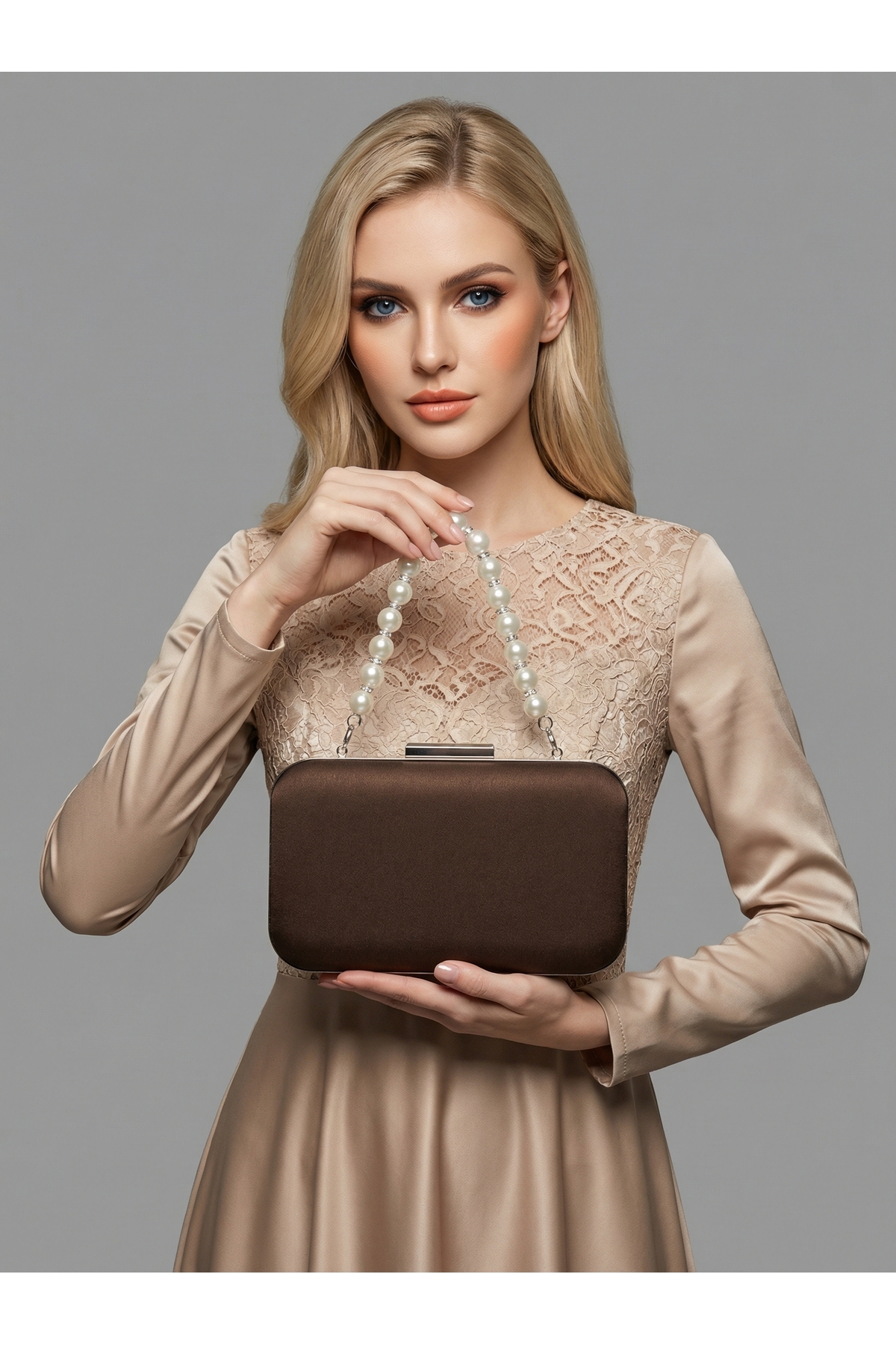 Brown Z.A.R.A. Satin Crystal Stone Embroidered Chain Women Evening Bag Wedding Engagement Graduation