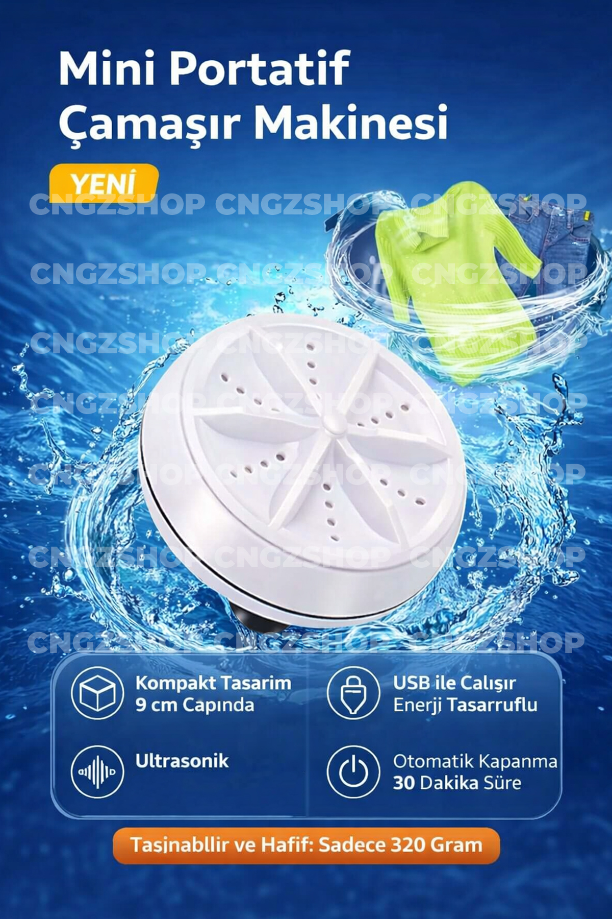 CNGZSHOP Mini Portatif Çamaşır Makinesi | USB Şarjlı Ultrasonik Seyahat Tipi Yıkayıcı