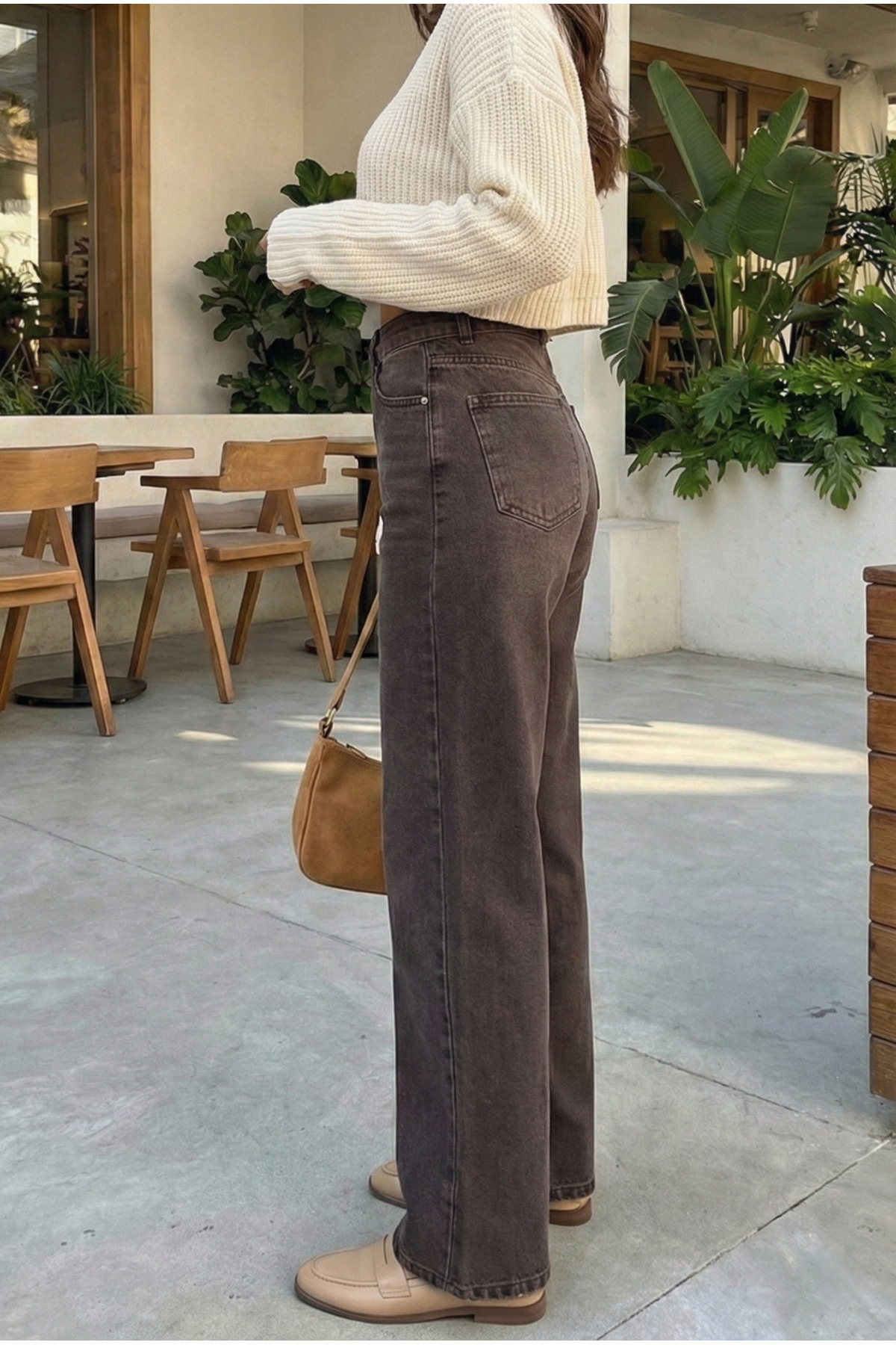 Vovikon  Kahverengi Taşlamalı Denim Bol Paça Jean - Görsel 3