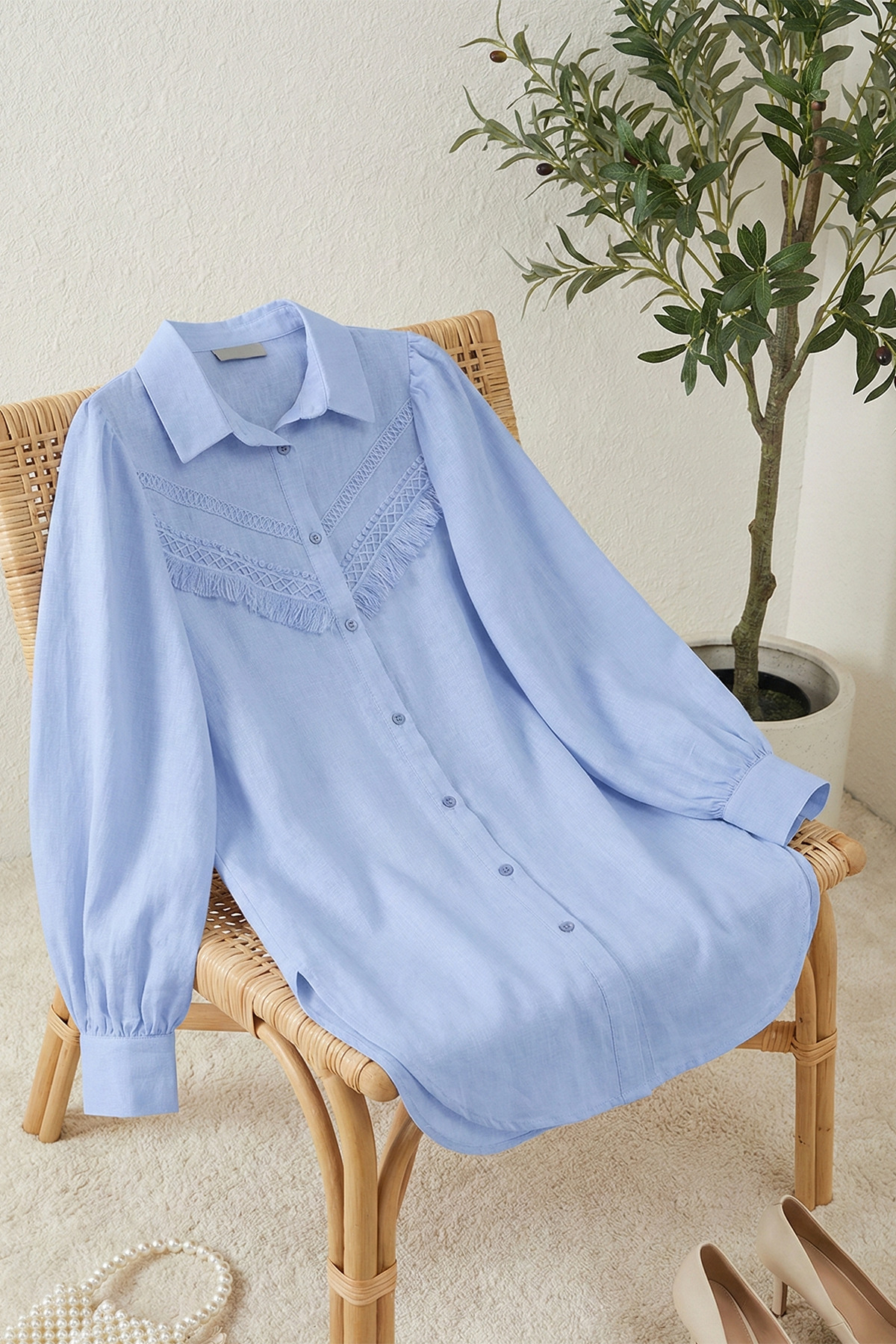 Raw Linen Tassel Detailed Shirt - Blue