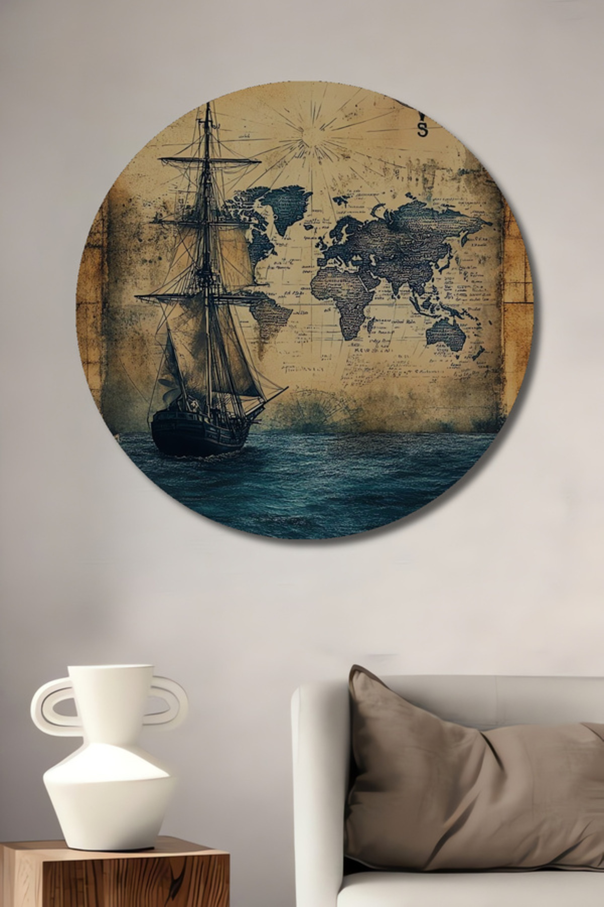 Ancient Sailboat World Map Wooden Decorative Table Round Table with Oil Painting Appearance