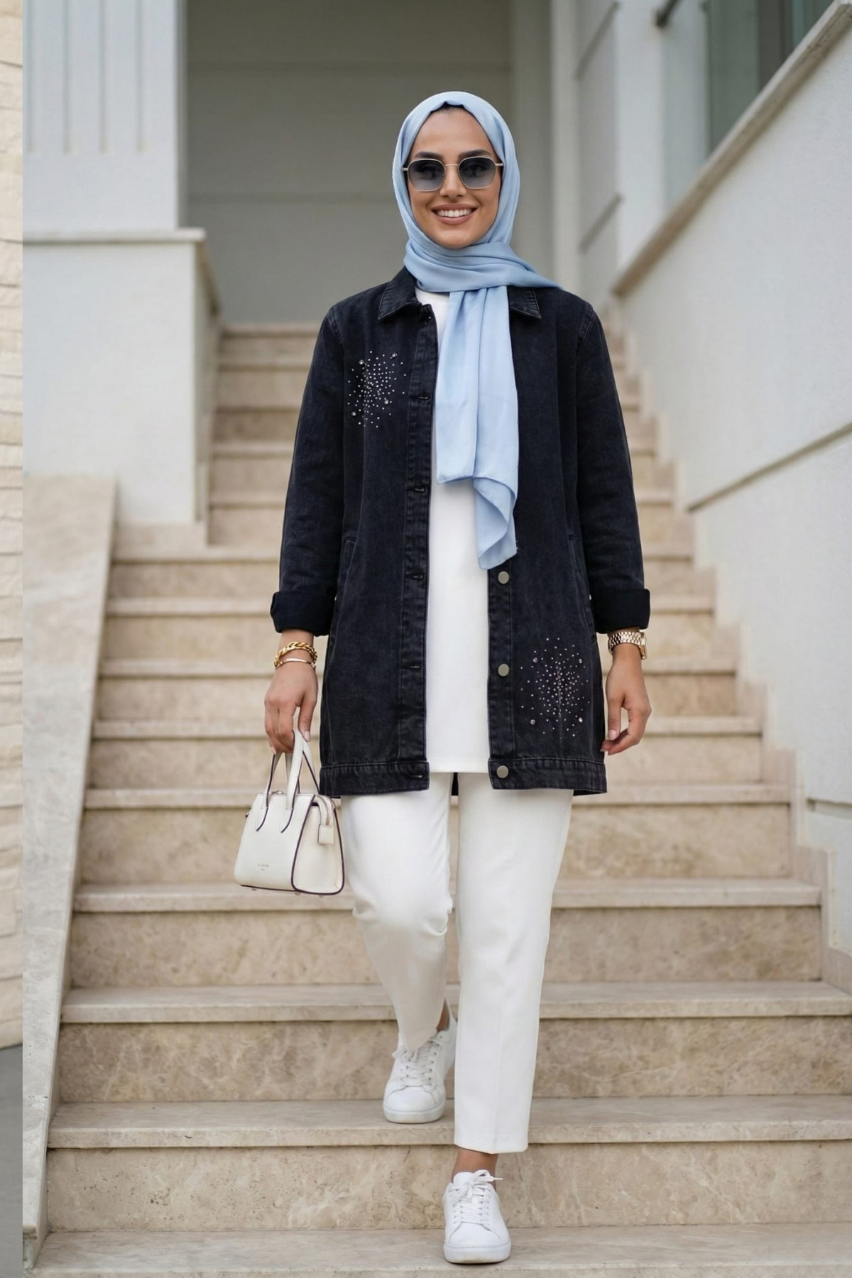 Hb Harma Time Butik  Kadın Taş İşlemeli Düğmeli Siyah Kot Ceket - Görsel 5