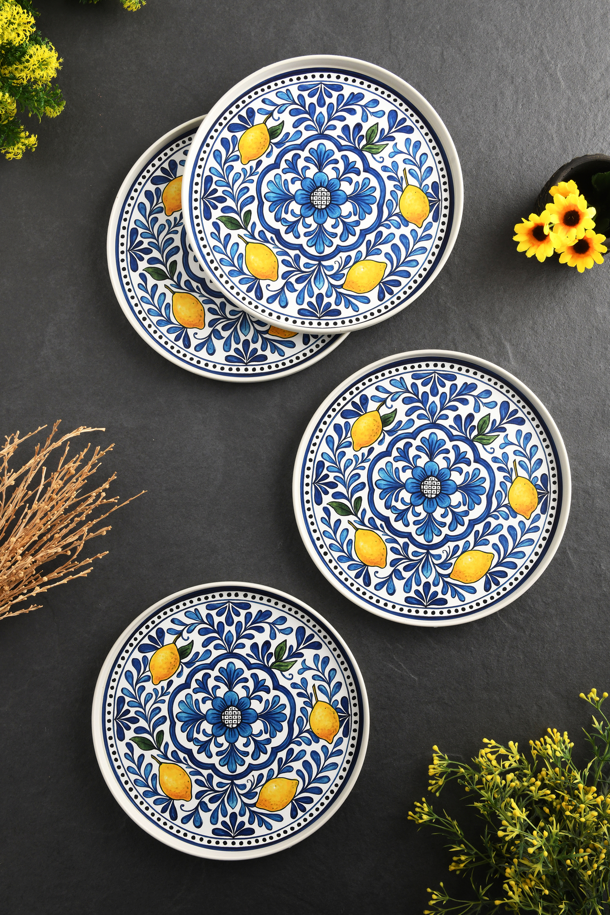 4-Piece Lemon Blue Tray 22 cm Blue-White