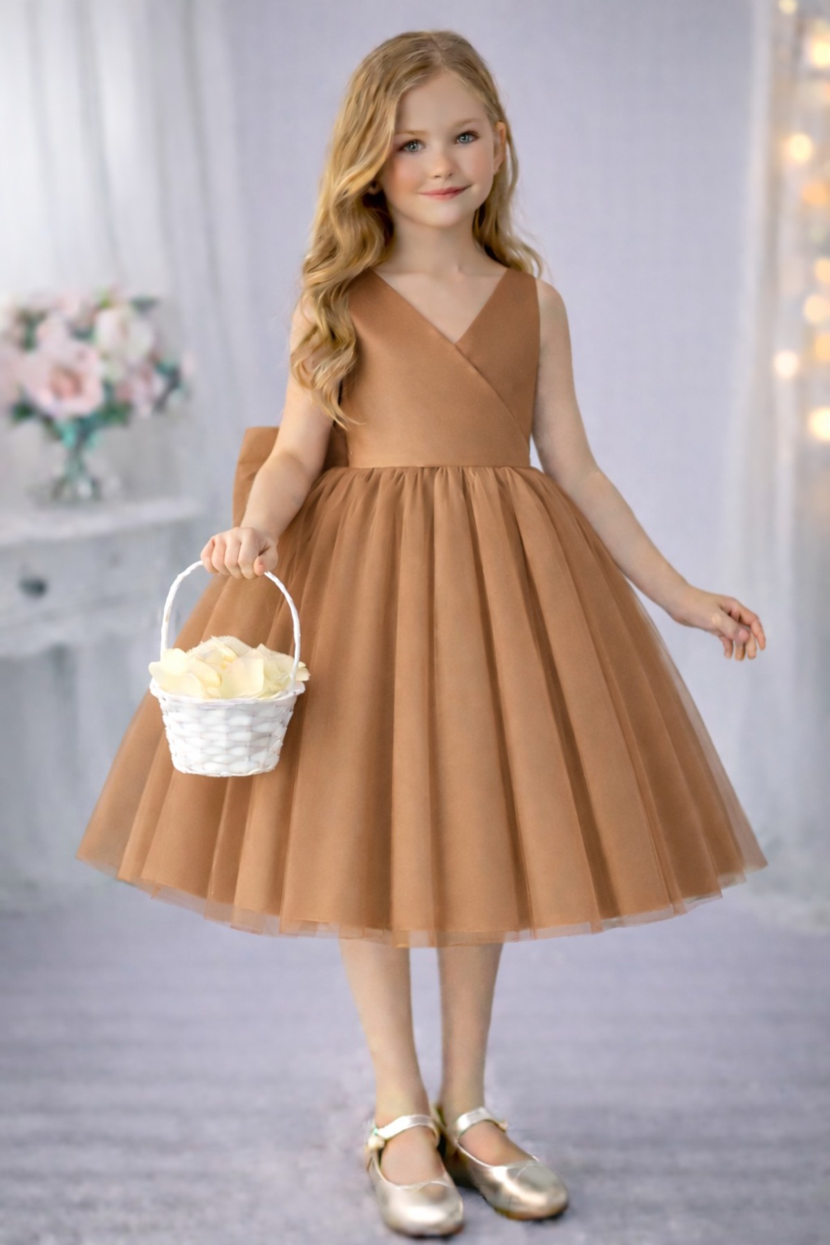 SUNEH Sare Model Kız Çocuk Taba Anvelop Yaka Mini Sade Eteği Kabarık Balo & Doğum Günü Elbise