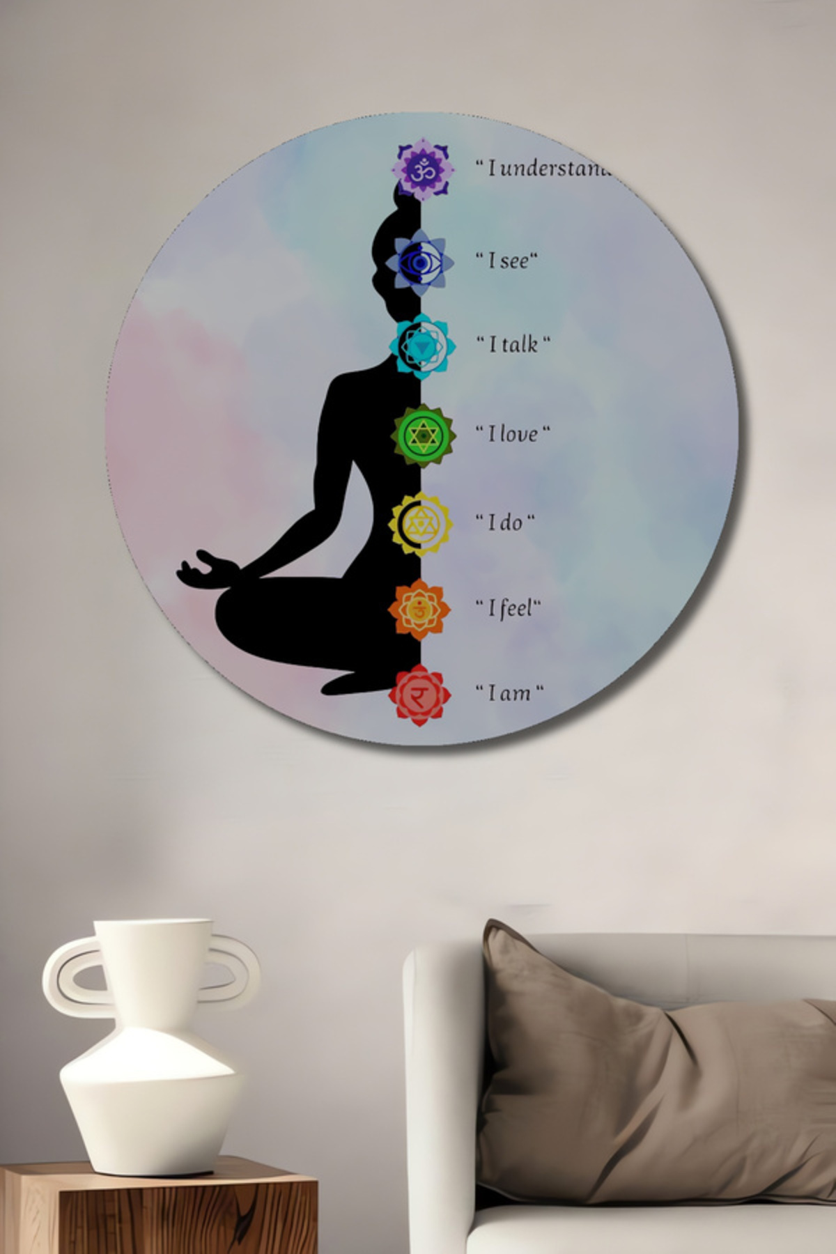Watercolor Look Chakra Energy and Meditation Wood Decorative Table Round Wall Table