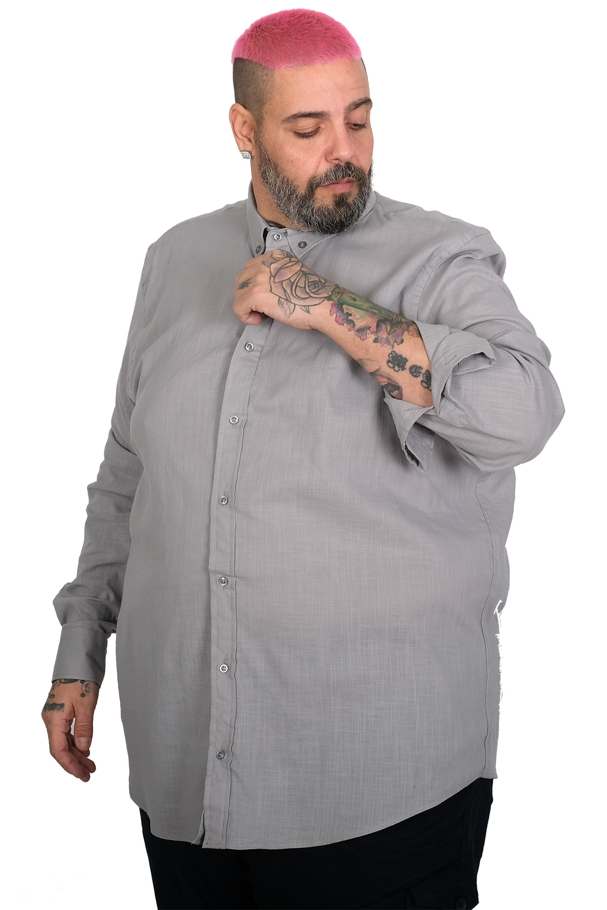 ModeXL Mode XL Büyük Beden Erkek Uzun Kollu Keten Gömlek 20396 GRİ görsel 4