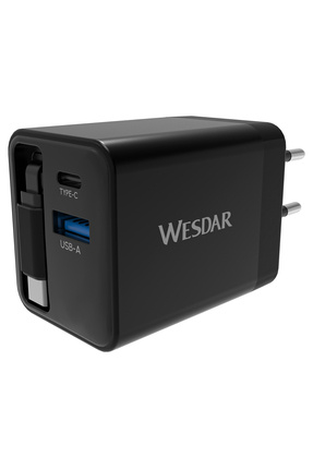 Wesdar AC289-1C1A Hızlı Şarj Adaptörü GaN 45W Dahili Geri Sarılabilir Type-C ...