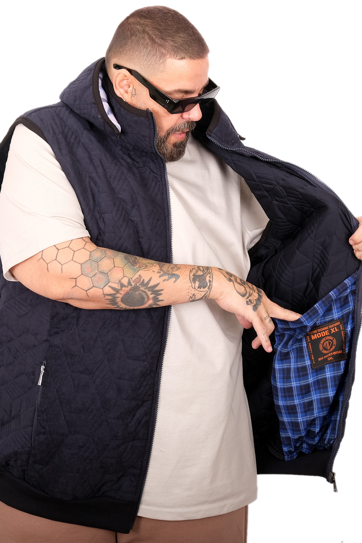 ModeXL Mode XL Büyük Beden Erkek Kapitone Yelek U25718 lacivert süet görsel 3