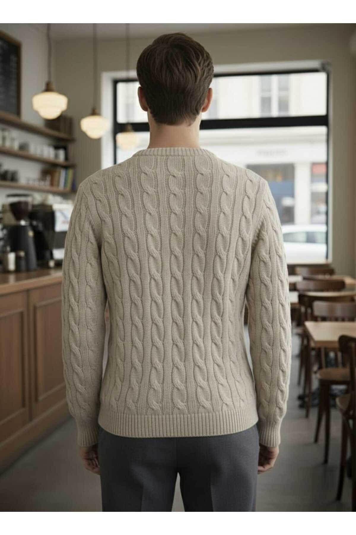 citystyle  Erkek Triko Kazak Vizon Uzun Kollu Saç Örgülü Yuvarlak Yaka Yumuşak Kışlık Günlük - Görsel 3