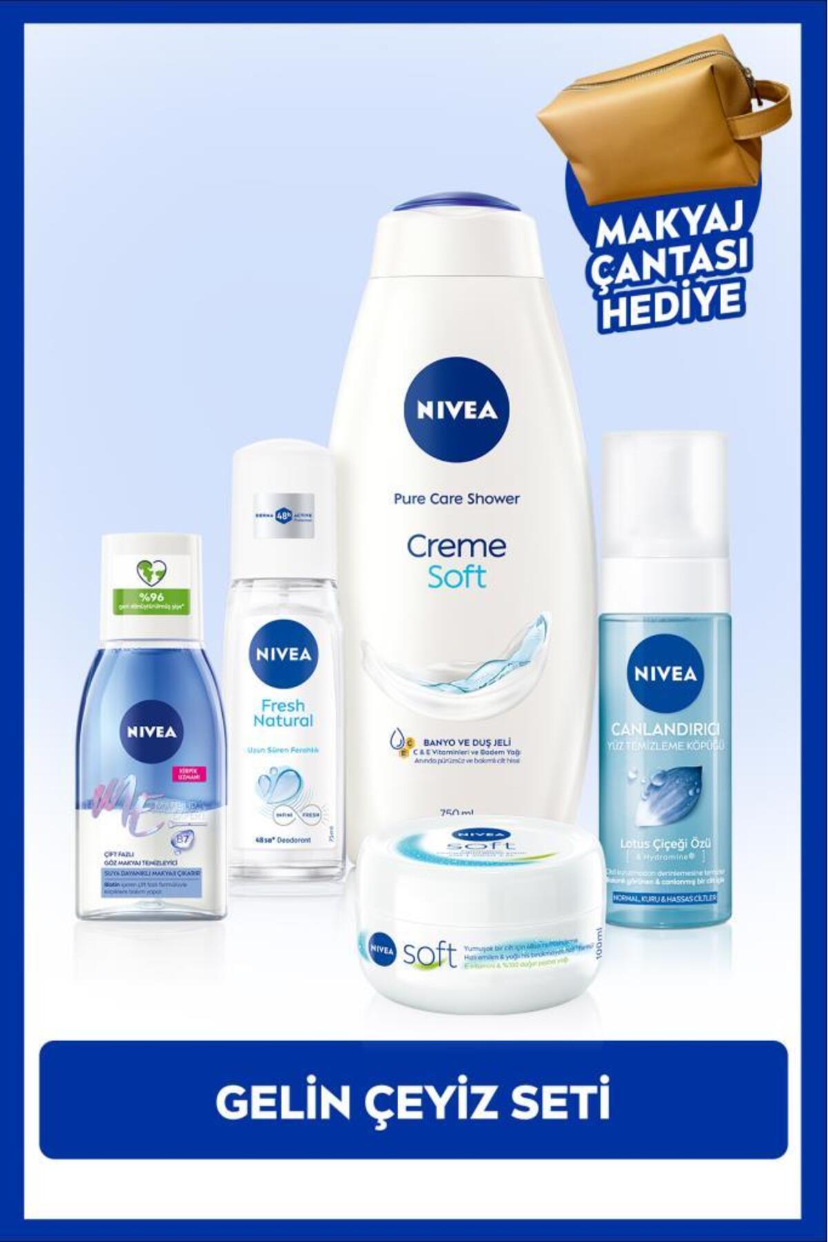 NIVEA Gelin Çeyiz Seti, Duş Jeli,Yüz Yıkama Köpüğü,Deodorant,Göz Makyaj Temizleyici ve Krem, Çanta Hediye — SET.NVE.1360