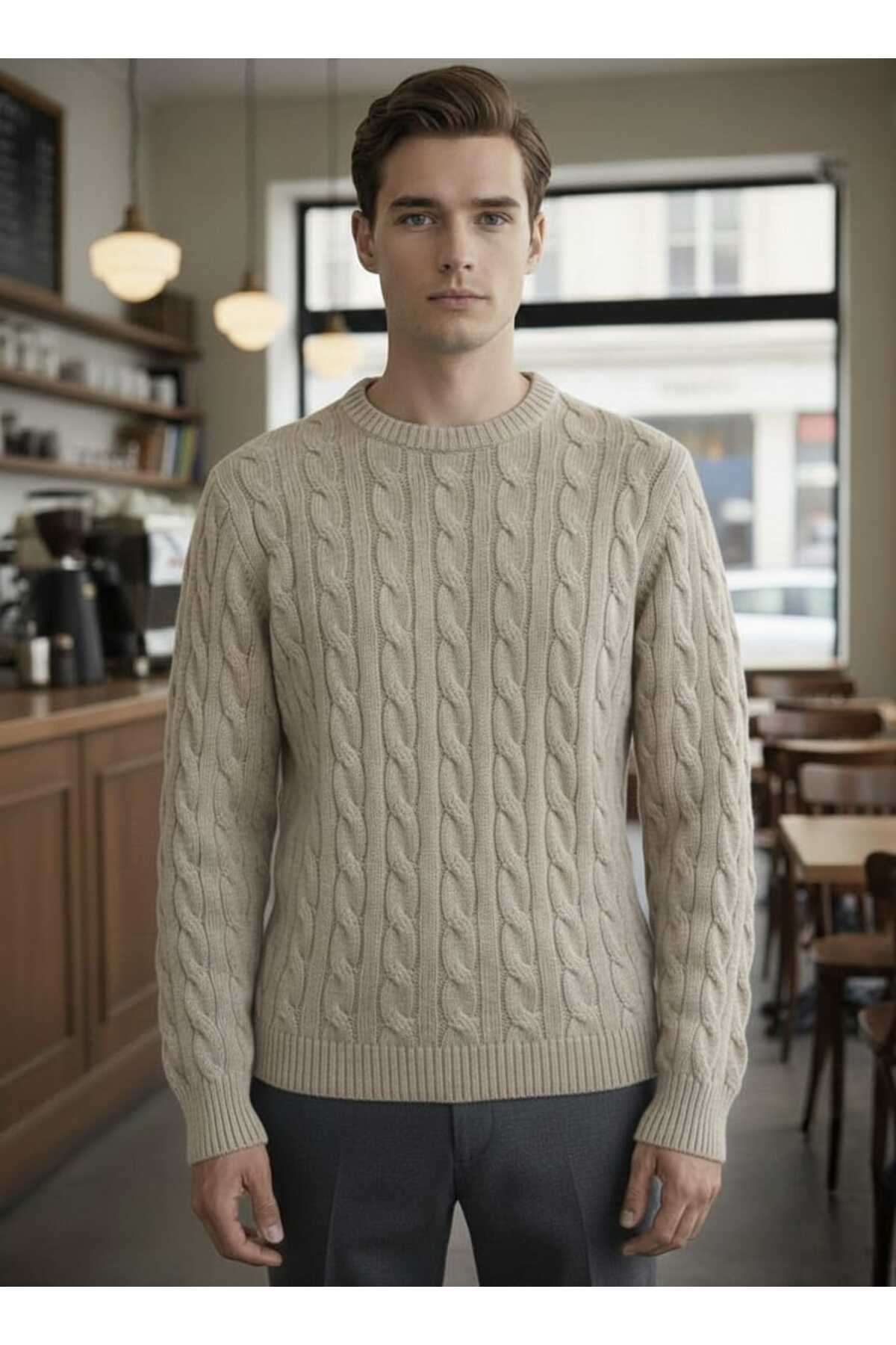 citystyle  Erkek Triko Kazak Vizon Uzun Kollu Saç Örgülü Yuvarlak Yaka Yumuşak Kışlık Günlük - Görsel 2